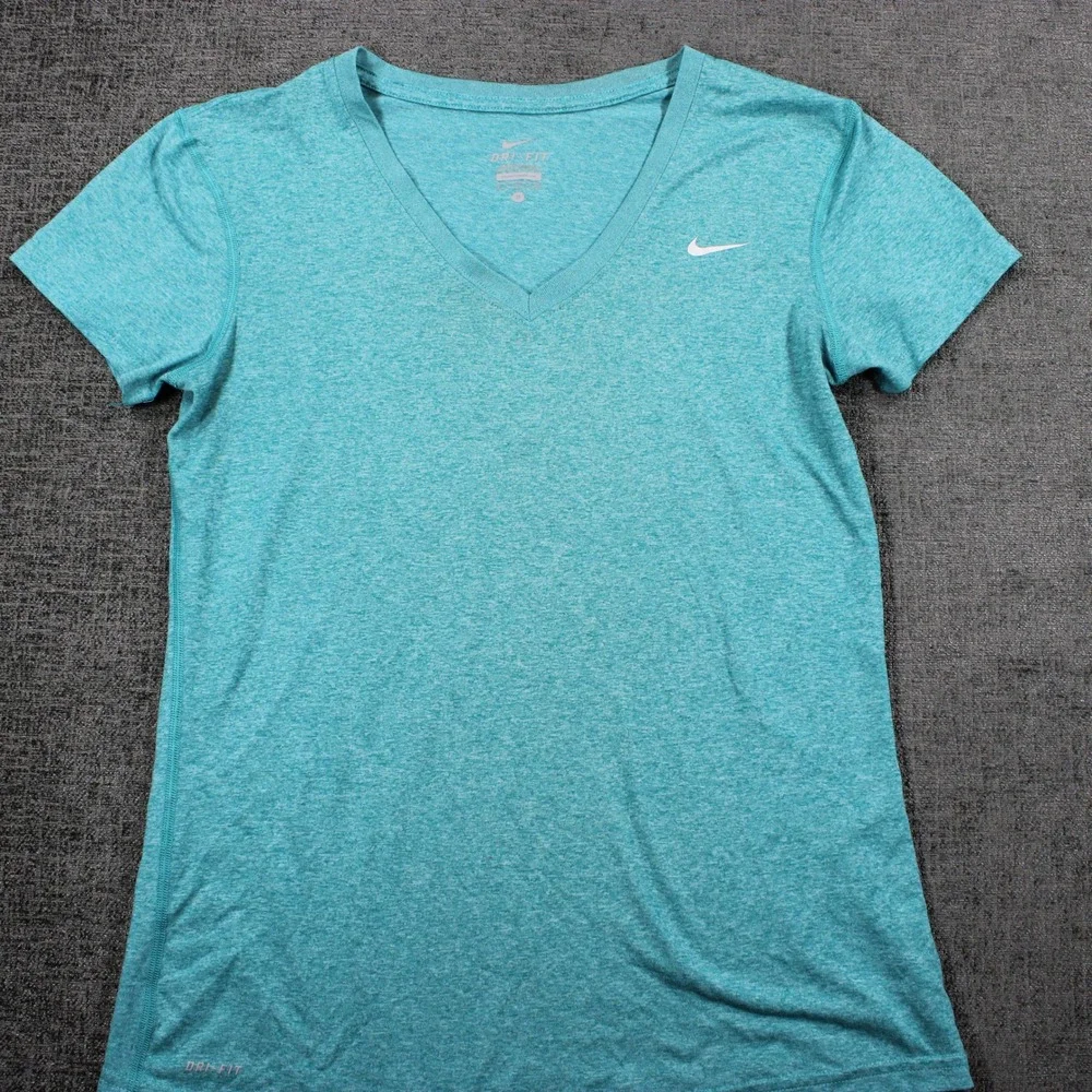 Nike Dri-FIT Womens V-Neck T-Shirt Teal Heathered Short Sleeve Athletic Top S